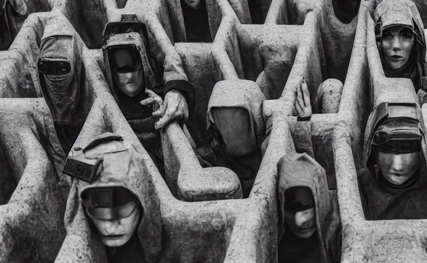 Prompt: cinestill 5 0 d photographic portrait by helen levitt of a group of android women wearing rugged black mesh techwear in a cement maze, extreme closeup, modern cyberpunk, minimalism, dust storm, 8 k, hd, high resolution, 3 5 mm, f / 3 2, ultra realistic faces, intricate detail, ex machina