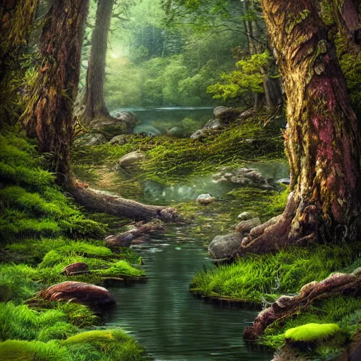 Image similar to a small hidden lake in the forest, moss, rocky landscape, fairytale, digital art, highly detailed, HD, trending on artstation, mystical, fireflies, ethereal, beautiful