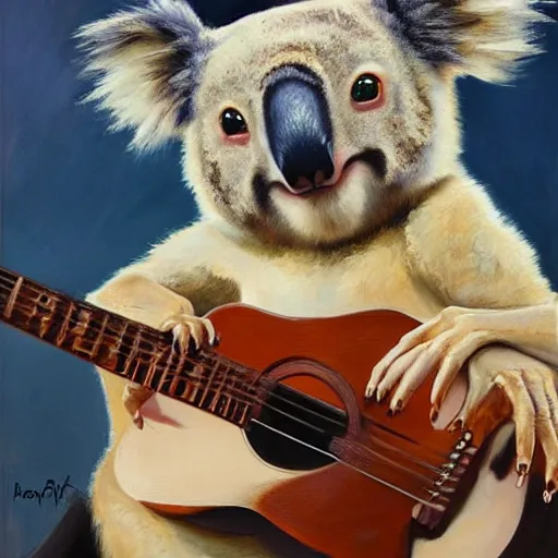 Image similar to portrait Koala playing a guitar, fine details. realistic shaded lighting by Ilya Kuvshinov Giuseppe Dangelico Pino and Michael Garmash and Rob Rey, IAMAG premiere, aaaa achievement collection, eyes open in wonder