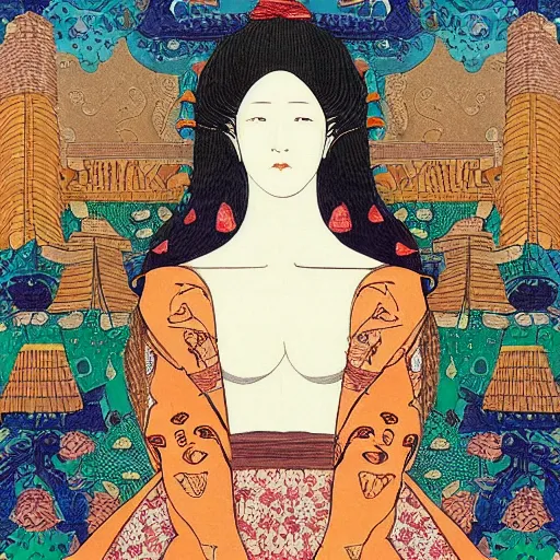 Prompt: interesting maximalist elaborate portrait of a beautiful medieval girl, in the style of kawase hasui and paul klee HD