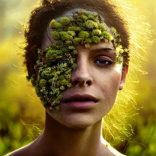 Image similar to beautiful portrait of a woman\'s face, her skin made of moss, flowers growing from her head, golden sunlight, extremely detailed, hyperrealistic, photo by annie leibovitz, masterpiece, award-winning