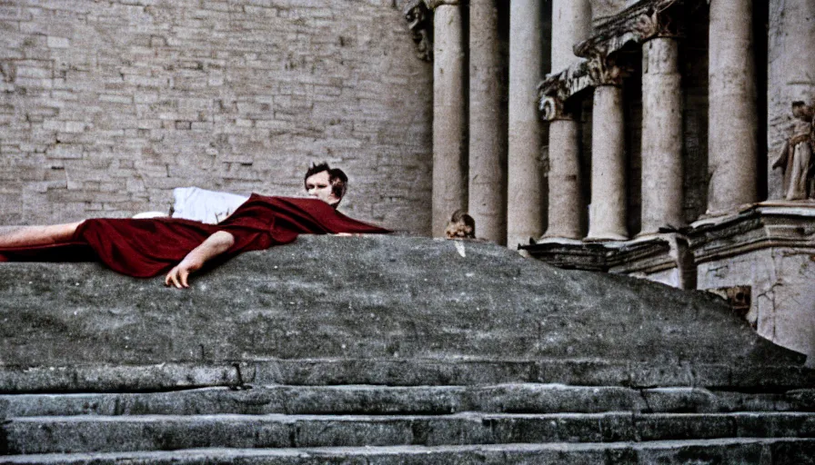 Prompt: 1 9 6 0 s movie still close - up of caligula lay dead on the ancient amphitheater's stairs on a blood flaque, cinestill 8 0 0 t 3 5 mm, high quality, heavy grain, high detail, dramatic light, anamorphic, blood