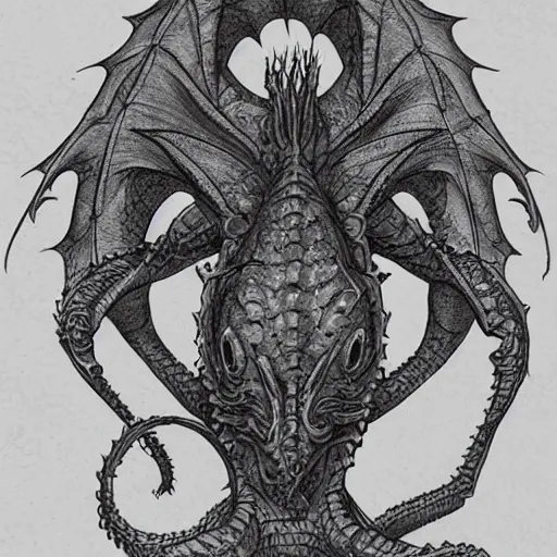 Image similar to Anthopomorphic dragon, lovecraftian horror, in the style of trevor henderson