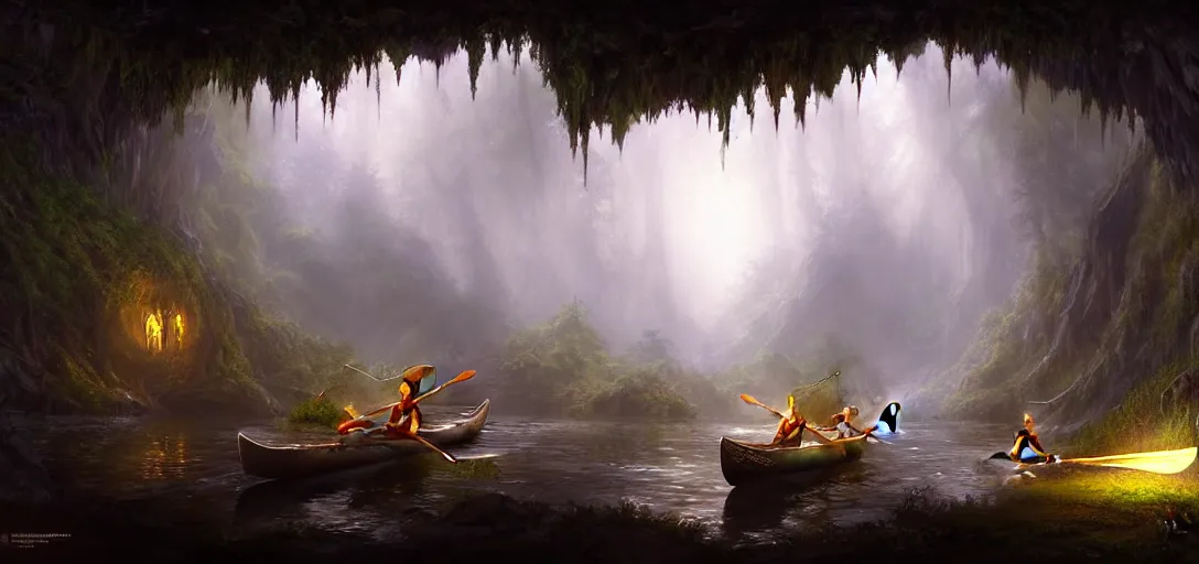 Image similar to video game concept art matte painting of elves canoeing through the glow worm caves in the style of stefan kostic, realistic, sharp focus, 8 k high definition, insanely detailed, intricate, mysterious, art by stanley lau and artgerm and luis royo