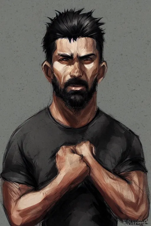 Image similar to very detailed portrait of a rugged man in his early thirties, strong jaw, deep black eyes, latino features, wearing a black!! t - shirt, earthy color scheme, by wlop and krenz cushart and artgerm, 9 0 s style, detailed eyes, starry background, trending, on artstation.