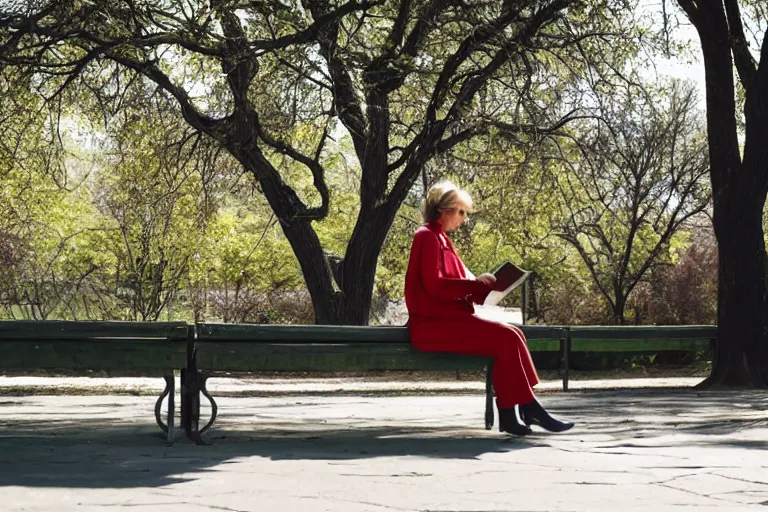Image similar to Flim still of a woman reading a book, sitting on a bench, long shot, wide shot, full shot