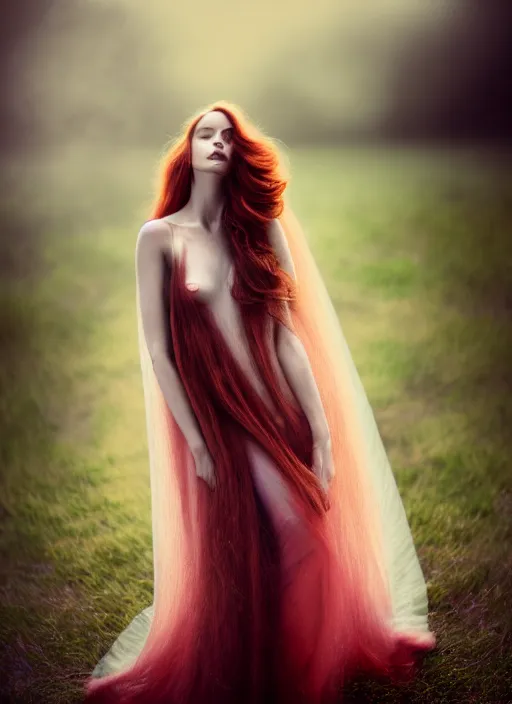 Prompt: portrait photography of a beautiful woman, in fine art photography style of Lindsay Adler- Giovanni Gastel, britt marling style 2/4 , natural color skin pointed in rose, long red hair with an intricate hairstyle, full body dressed with a ethereal transparent voile dress, elegrant, 8K, soft focus, melanchonic soft light, volumetric dramatic lighting, highly detailed Realistic, hyper Refined, Highly Detailed, natural point rose', outdoor sea and storm soft lighting, soft dramatic lighting colors scheme, soft blur lighting, fine art fashion photography