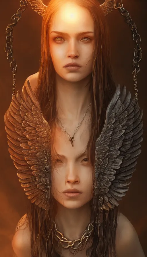 Image similar to a sad portrait of an angel with boned wings blocked by chains covered by vegeration, sunset, bright light, hyperdetailed, artstation, cgsociety, 8 k