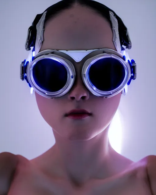 Prompt: low angle portrait photo by bouguereau of female dancer as a cyberpunk mecha humanoid robotic parts wearing goggles with led lights, inside white room, ultra - realistic and detailed, 8 k