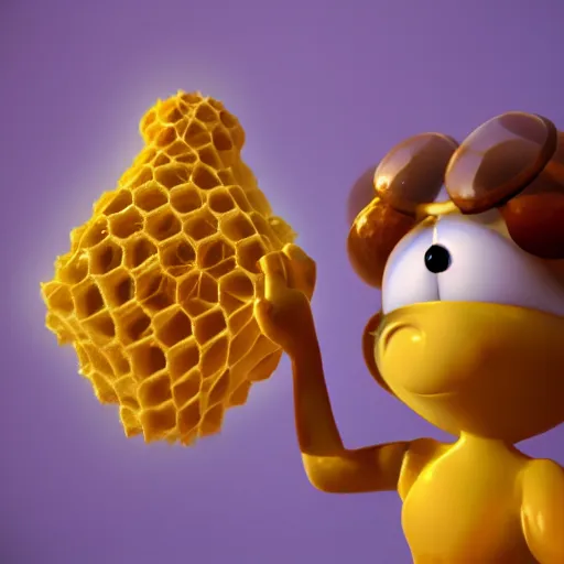 Image similar to 3d render pixar cartoon honey bee with an afro inside of a honeycomb dripping with honey hd octane render