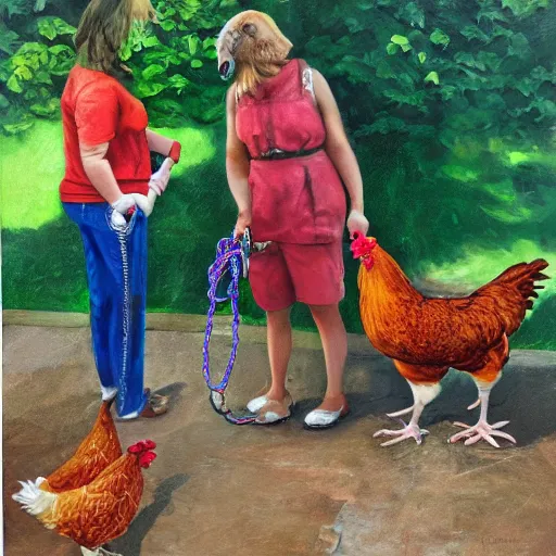 Image similar to chickens owning a human pet, human on leash, chicken is holding the leash, oil painting, hyper realistic,