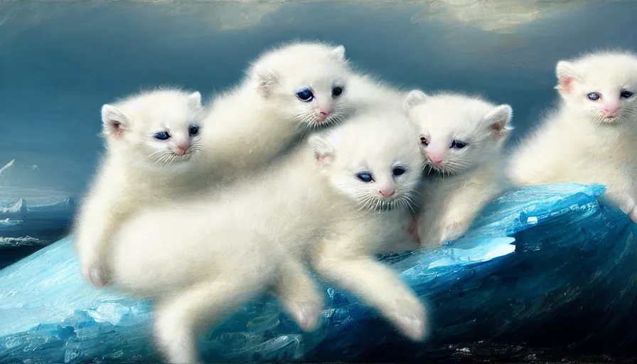 Image similar to highly detailed painting of cute furry white baby seal kittens cuddling into each other on a blue and white iceberg by william turner, by greg rutkowski, by william constable, thick brush strokes and visible paint layers, 4 k resolution