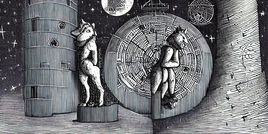 Image similar to anthropomorphic furry wolf inside a giant tower that tracks the stars and planets, illustration