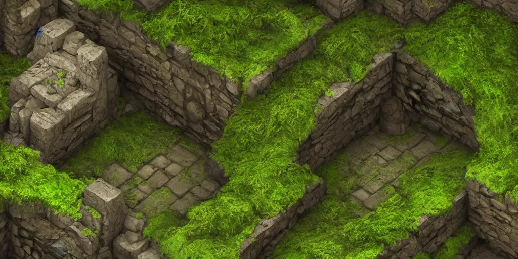 Image similar to an ancient dungeon interior tunnel with stone walls, stagnant water, mossy overgrowth, soft ambient lighting, trending on artstation, isometric