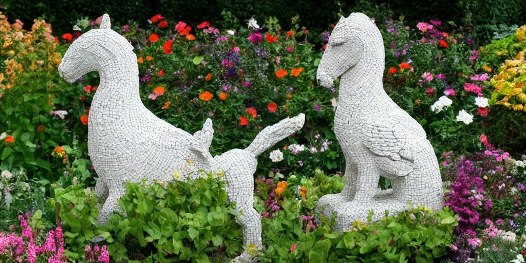 Image similar to extremely detailed pebble mosaic statue, of a griffin, in an english cottage style flower garden