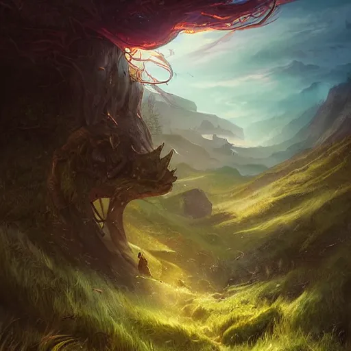 Image similar to fantasy book cover painting, dramatic shot of a lively landscape in the country by Ross Tran