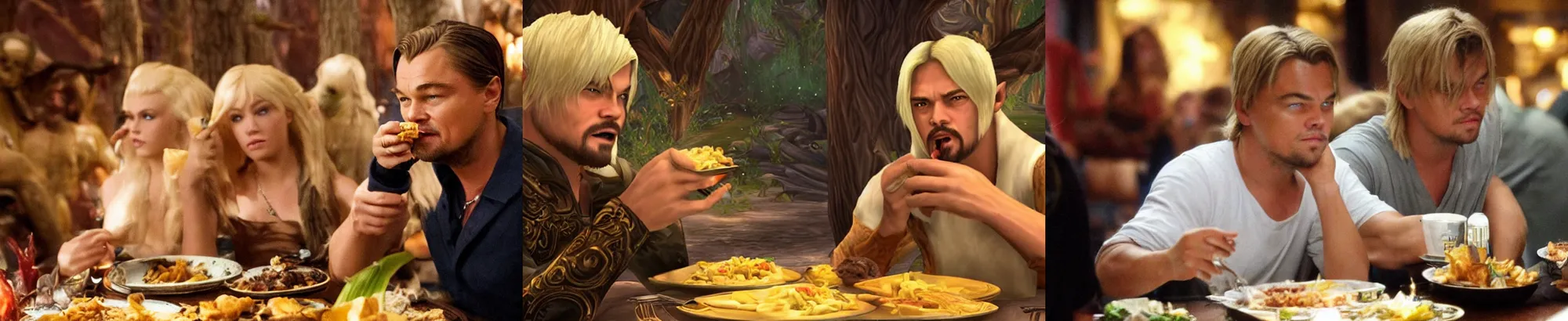 Prompt: leonardo dicaprio with blonde fringe eating food inside world of warcraft elwynn forest