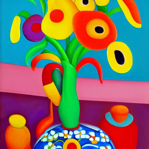 Prompt: a painting of flowers in a vase on a table, an airbrush painting by tarsila do amaral, behance, naive art, fauvism, vibrant colors, vivid colors