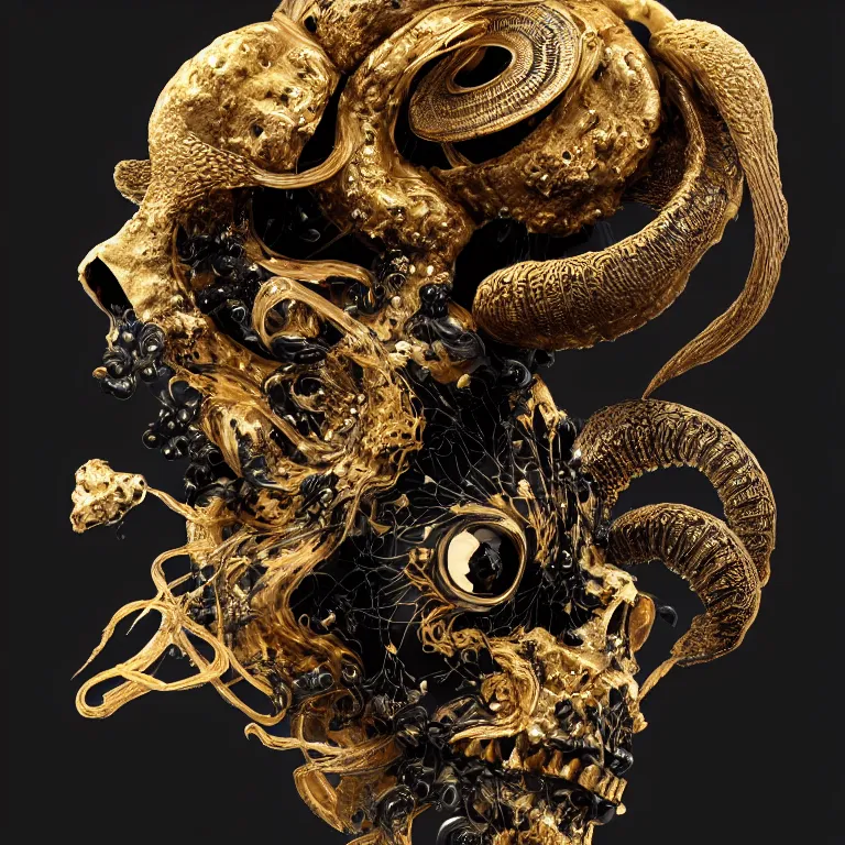 Image similar to black background. absolutely symmetrical sculpture. centered. goddess princess face close-up portrait ram skull. sculpture made of gold and black charcoal. jellyfish phoenix head, nautilus, orchid, skull, betta fish, bioluminiscent creatures, intricate artwork by Tooth Wu and wlop and beeple. octane render, trending on artstation, greg rutkowski very coherent symmetrical artwork. cinematic, hyper realism, high detail, octane render, 8k