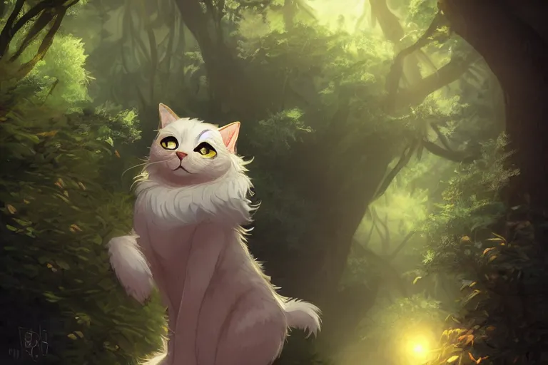 Image similar to a cat in the forest, trending on artstation, trending on furaffinity, digital art, by kawacy, anime, furry art, warm light, backlighting, cartoon, concept art