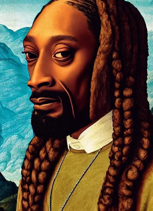 Image similar to a very high resolution image from a new movie, snoop dogg. drawn by leonardo da vinci. mountains, directed by wes anderson