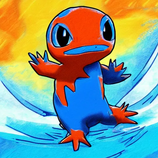 Image similar to sketch of a blue charmander ~ water powers ~ realistic ~ trending ~ ocean background ~