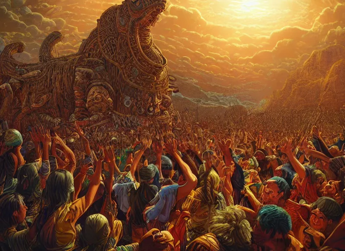 Prompt: a crowd of tribal men and women worshiping a giant golden calf, biblical, dramatic, insanely detailed, by dan mumford, yusuke murata, makoto shinkai, ross tran, intricate detail, cinematic, 8 k, featured on artstation, pixiv