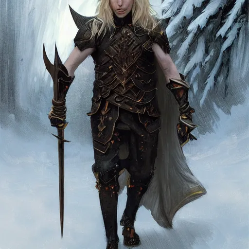 Prompt: Dark Fantasy Painting of a blonde haired male elf wielding a dagger walking through heavy snow, wearing fantasy armor, waist high, highly detailed, digital painting, artstation, concept art, smooth, sharp focus, illustration, art by artgerm and greg rutkowski and alphonse mucha