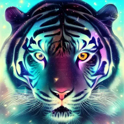 Image similar to geometric symmetrical tiger with galaxy eyes in space, nebula in the background, intricate, elegant, highly detailed, digital painting, artstation, concept art, smooth, sharp focus, illustration, art by artgerm