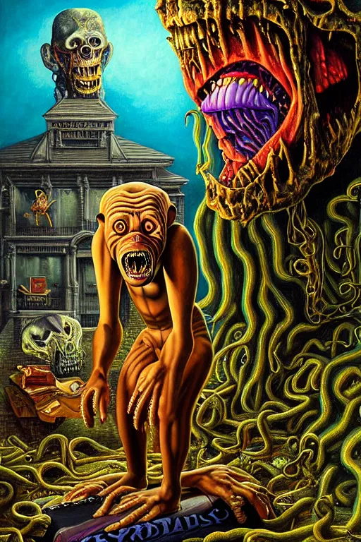 Image similar to a hyperrealistic painting of a lost treasure found being guarded by monstrosity, cinematic horror by jimmy alonzo, the art of skinner, chris cunningham, lisa frank, richard corben, highly detailed, vivid color,