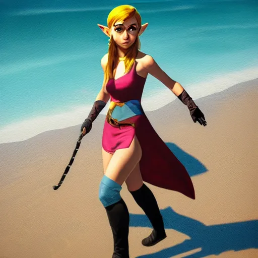 Prompt: a hyper real comic book style portait painting of zelda on the beach walking to the ocean, unreal 5, hyperrealistic, octane render, cosplay, rpg portrait, dynamic lighting