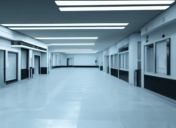 Prompt: cctv footage of a large white empty breakroom, retrofuturist liminal space, familiar place, clean, black mold, amateur, unreal engine, photorealistic, trending on artstation