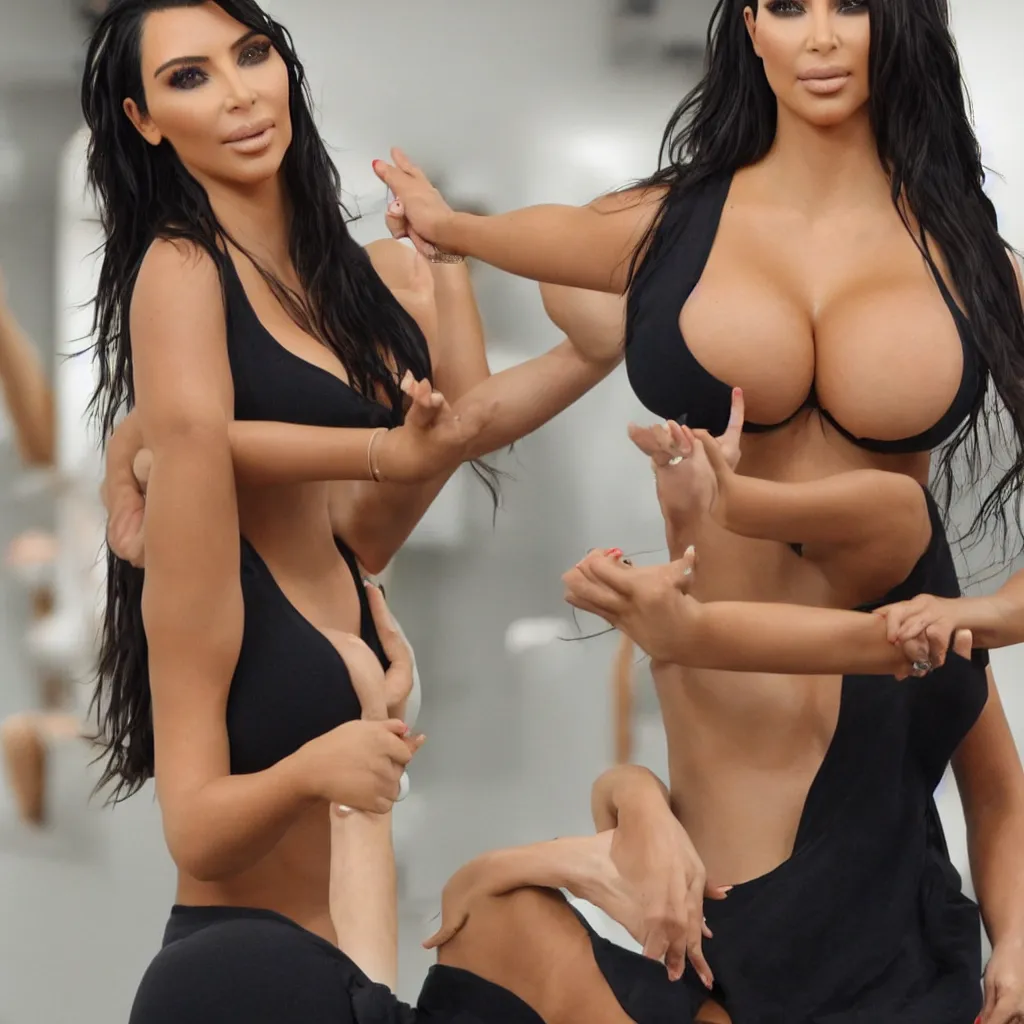 Prompt: kim kardashian in a modeling studio, yoga pose, hd, tan, camisole, body shot