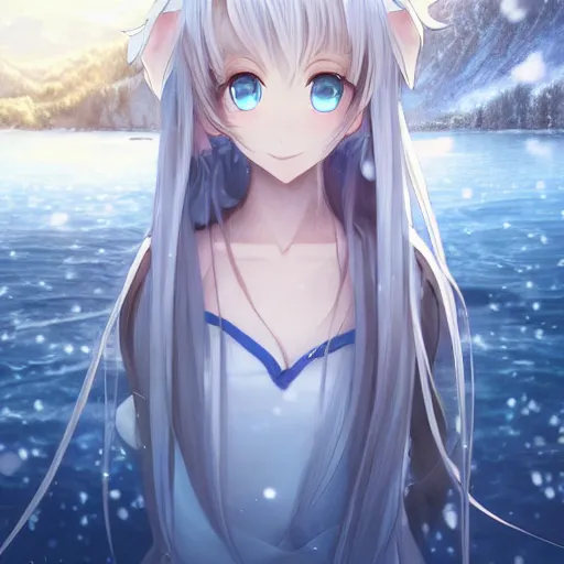 Prompt: a very beautiful anime elf girl, full body, long straight silver hair, sky blue eyes, full round face, short smile, casual clothes, ice snowy lake setting, cinematic lightning, medium shot, mid-shot, highly detailed, trending on Artstation, Unreal Engine 4k, cinematic wallpaper by Stanley Artgerm Lau, WLOP, Rossdraws, James Jean, Andrei Riabovitchev, Marc Simonetti, and Sakimichan