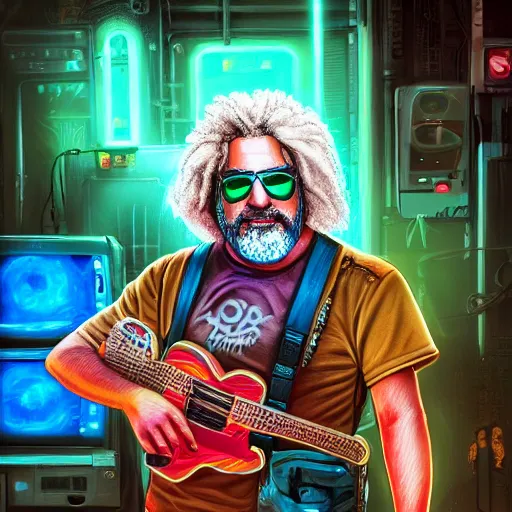 Image similar to highly detailed rony abovitz as jerry garcia, cyberpunk, concept art, character art, studio lightning, bright colors, intricate, masterpiece, photorealistic, hyperrealistic, sharp focus, high contrast, Artstation HQ, DeviantArt trending, 8k UHD, Unreal Engine 5