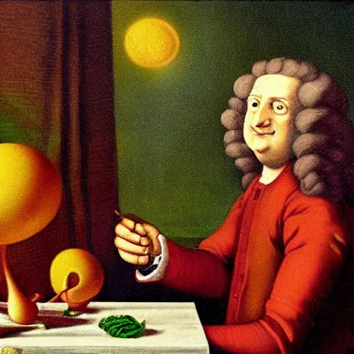 Prompt: Sir Isaac Newton eating magic mushrooms and tripping out 4K detail