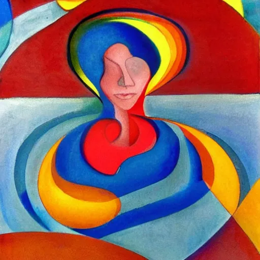 Prompt: woman watches the fast flowing river as it enters the ocean and gathers up the colors and dreams of her community, abstract art in the style of cubism and georgia o keefe,