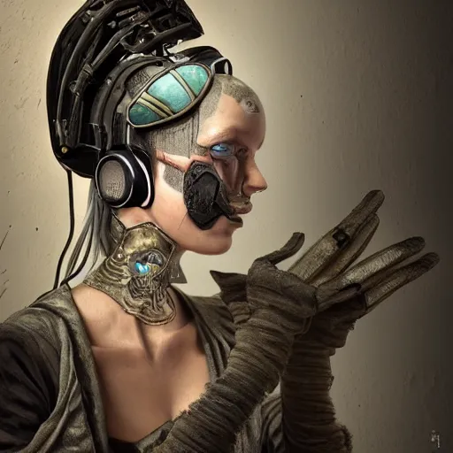 Prompt: italian solarpunk curator in an art gallery with extremely detailed headsets and glove's, inspired by die antwoord beautiful, hand painted textures, cloth physics, deviantart, karol bak, masamune shirow, black and white, photorealistic, concept art, perfect render, 3 d render, pixar, 8 k