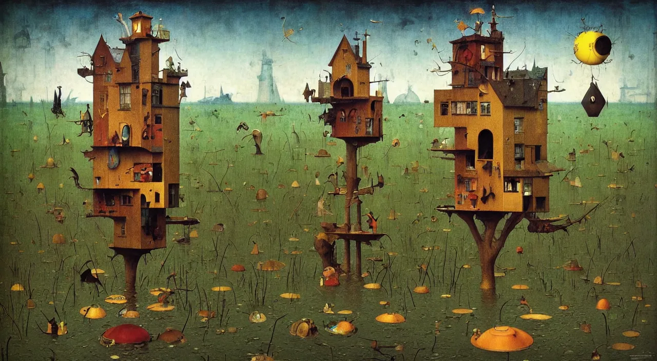 Image similar to single flooded simple!! fungi birdhouse tower anatomy, very coherent and colorful high contrast masterpiece by norman rockwell franz sedlacek hieronymus bosch dean ellis simon stalenhag rene magritte gediminas pranckevicius, dark shadows, sunny day, hard lighting