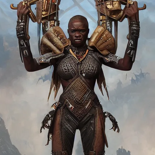 Image similar to a wakandan zulu warrior in dieselpunk style armor, african, deviantart, ultra realistic, concept art, intricate details, eerie, horror, highly detailed, photorealistic, octane render, 8 k, unreal engine. art by artgerm and greg rutkowski and alphonse mucha