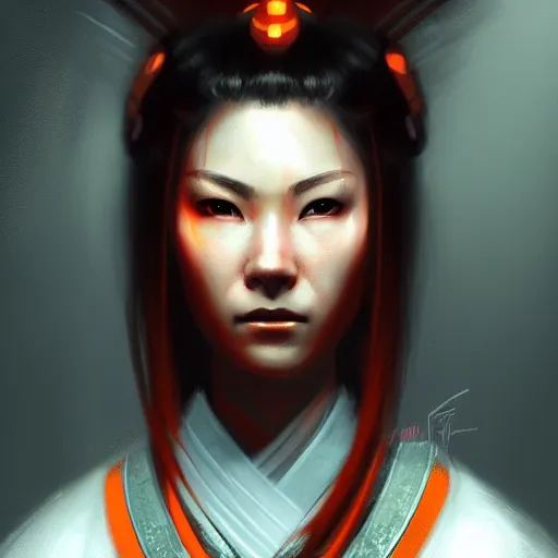 Image similar to portrait of beatiful female samurai in orange light in the style of Raymond Swanland, cinematic, artstation