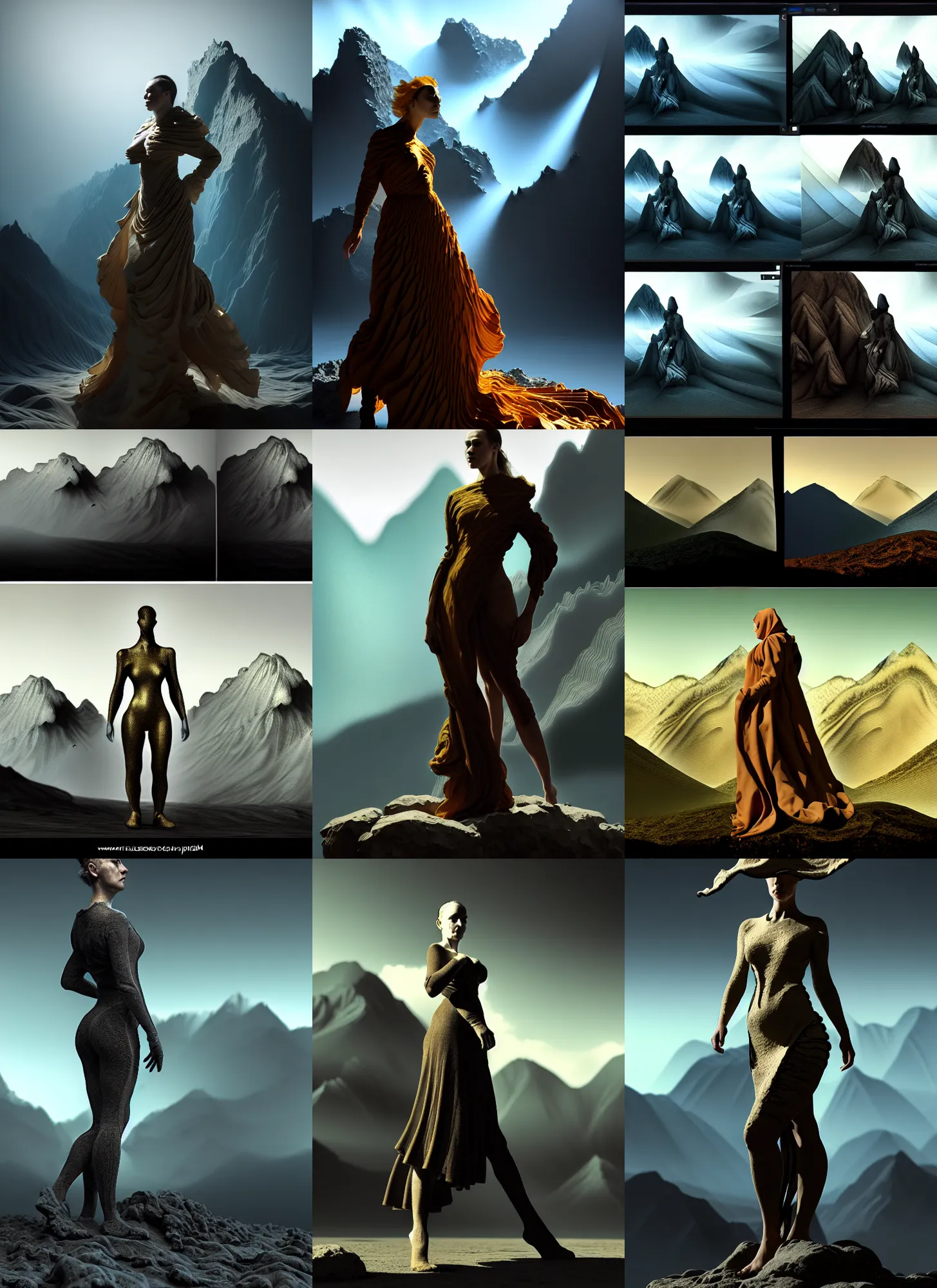 Prompt: dissolution filter ,turbulence filter, fractal, costume design made by complexity, sophisticated composition, old masters light composition, procedurally generated, drama human character posing for concept art, beautiful mountains behind, substance designer, PBR, HD, Ultra detailed, hyperrealistic, megascans, volumetric light, concept by master artist, made in paint tool SAI2, trending pixiv aesthetic face