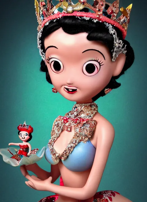Prompt: closeup face profile portrait of tin toy betty boop as a fairytale princess wearing a crown eating cakes, bikini, depth of field, zeiss lens, detailed, symmetrical, centered, fashion photoshoot, by nicoletta ceccoli, mark ryden, lostfish, breathtaking, 8 k resolution, extremely detailed, beautiful, establishing shot, artistic, hyperrealistic, octane render