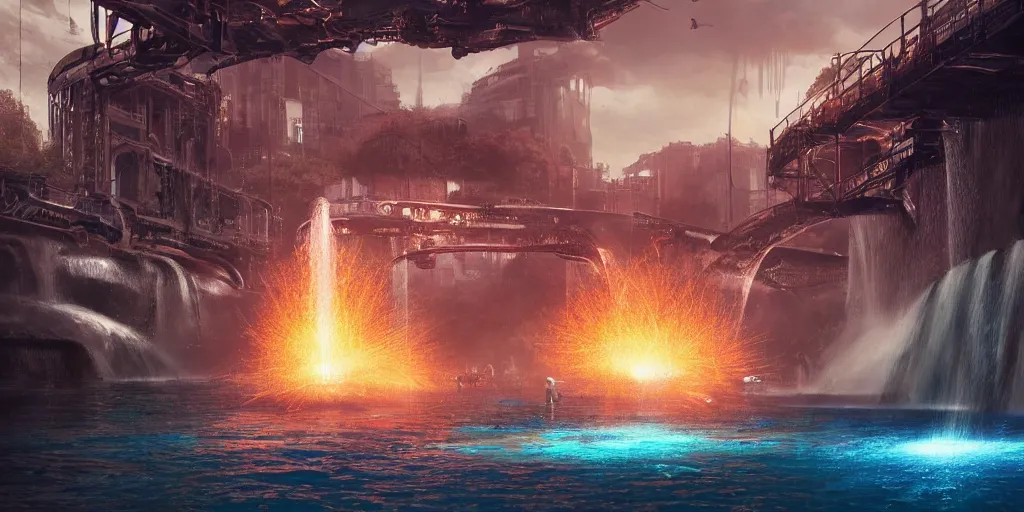 Prompt: alien spacecraft hovering over beautiful pool waterfalls surrounded by alien robots, steel archways with sparks flying off, industrial buildings, rusty metal towers, sun setting, ross tran, fantasy, james jean, peter morbacher, angelarium, alchemy, luxury, heavenly light, soft illumination, trending on artstation, cinematic lighting, digital painting, octane render