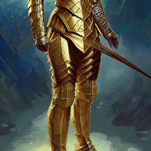 Image similar to Lionel Messi wearing a beautiful golden armor, D&D, fantasy, intricate, elegant, highly detailed, digital painting, artstation, concept art, matte, sharp focus, illustration, art by Artgerm and Greg Rutkowski and Alphonse Mucha