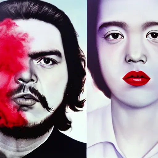 Image similar to colour masterpiece surreal closeup portrait photography of che guevara by miho hirano and annie leibovitz and michael cheval, red and white smoke background, 8 k