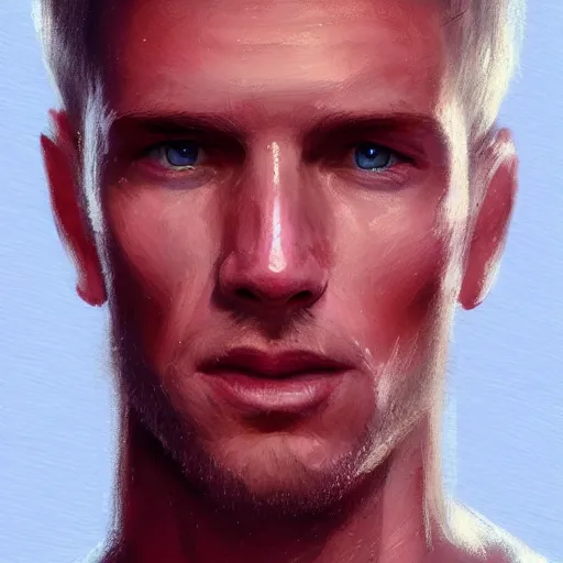 Image similar to Portrait of a man by Greg Rutkowski, he is about 30 years old, short blond hair, athletic and strong, straight jaw, wearing red tank top, older brother vibes, highly detailed portrait, digital painting, artstation, concept art, smooth, sharp foccus ilustration, Artstation HQ.