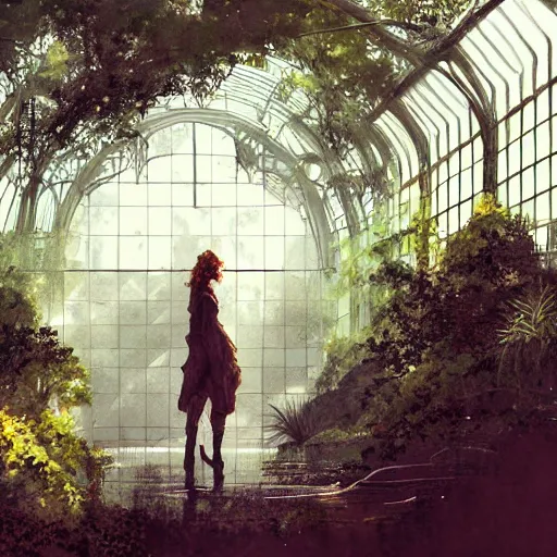 Image similar to two women standing in an elegant greenhouse garden, dramatic lighting, illustration by greg rutkowski, yoji shinkawa, 4 k, digital art, concept art, trending on artstation