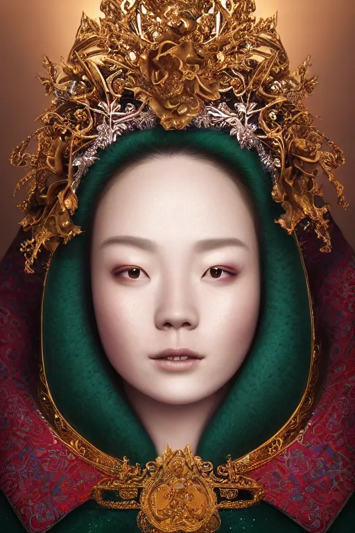 Image similar to a beautiful empress portrait, with a brilliant, impossible striking big Christmas headpiece, clothes Santa robes, everything Christmas, snow, symmetrical, dramatic studio lighting, rococo, baroque, greens, asian, hyperrealism, closeup, D&D, fantasy, intricate, elegant, highly detailed, digital painting, artstation, octane render, 8k, concept art, matte, sharp focus, illustration, art by Artgerm and Greg Rutkowski and Alphonse Mucha