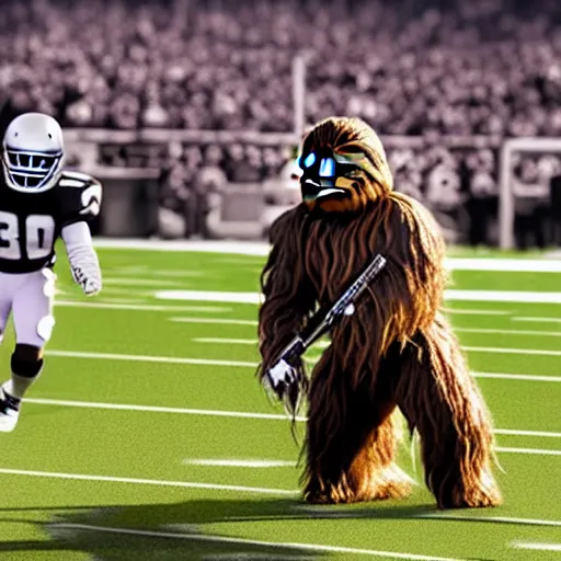 Image similar to replay of a football game with chewbacca as the quarterback, highly detailed, extremely high quality, hd, 4 k, 8 k, canon 3 0 0 mm, professional photographer, 4 0 mp, lifelike, top - rated, award winning, realistic, detailed lighting, detailed shadows, sharp, no blur, edited, corrected, trending